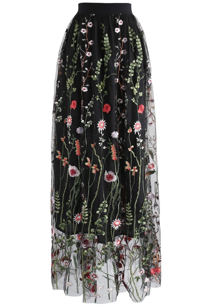 Lost in Flowering Fields Mesh Maxi Skirt in Black | Chicwish