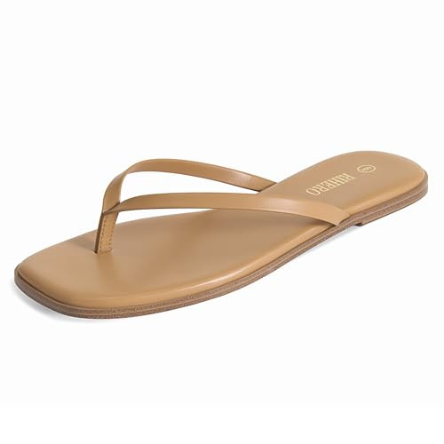 Rihero Flip Flops for Women Comfortable Square Toe Beach Sandals Slip On Leather Thong Flat Sanda... | Amazon (US)