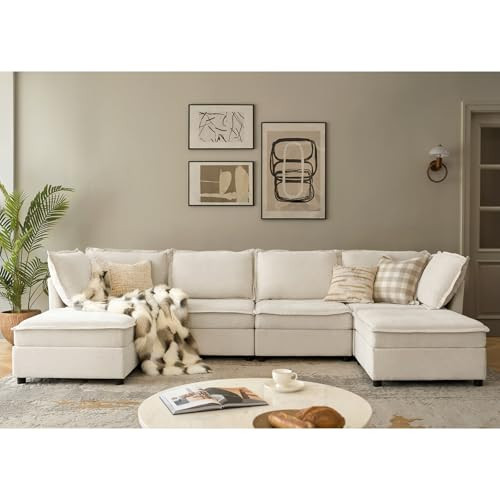 HULALA HOME 127'' Modular Sectional Sofa, Oversized U Shaped Couch with Storage Ottoman, Comfy Chenille Sofa with Deep Seat, 6 Seat Convertible Couches for Living Room, Beige | Amazon (US)