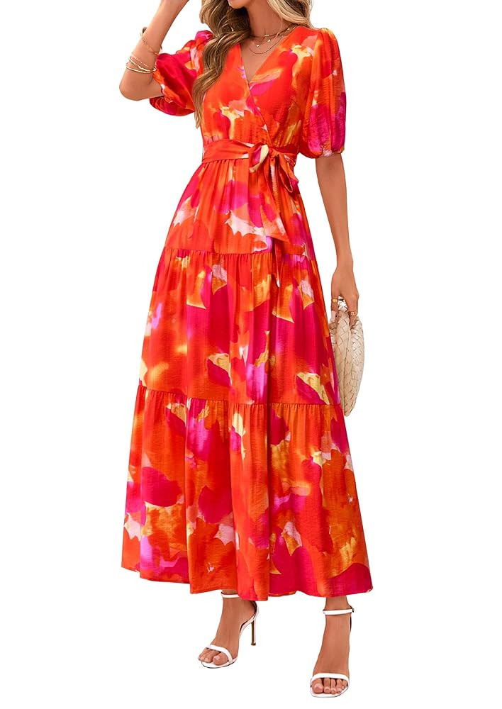 PRETTYGARDEN Women's Summer Maxi Dress 2025 Resort Wear Boho Floral V Neck Puff Short Sleeve Ruff... | Amazon (US)