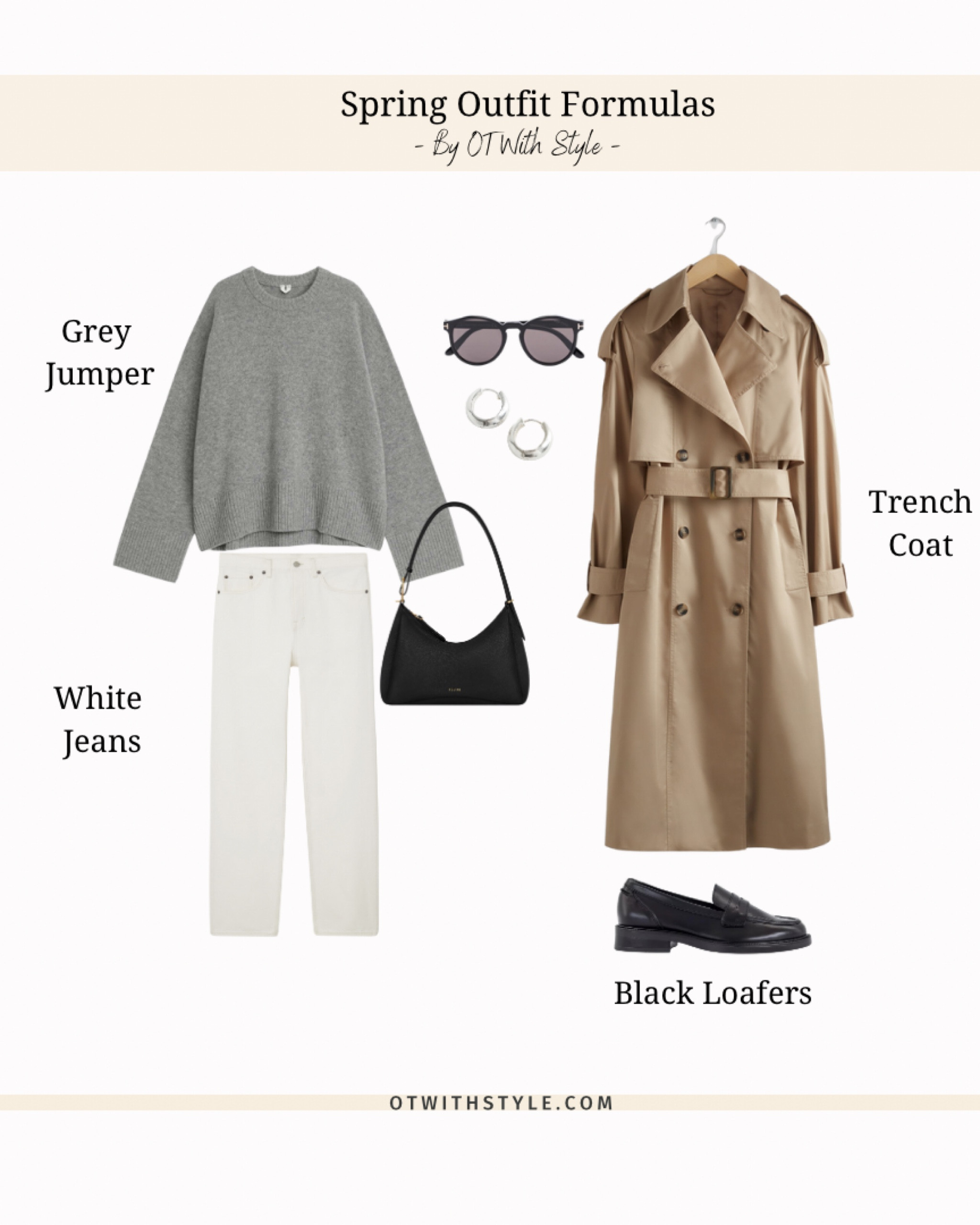 Spring outfit formula- grey jumper, white jeans and a trench coat with black accessories 🩶🤎🤍

#LTKtravel #LTKstyletip #LTKSeasonal