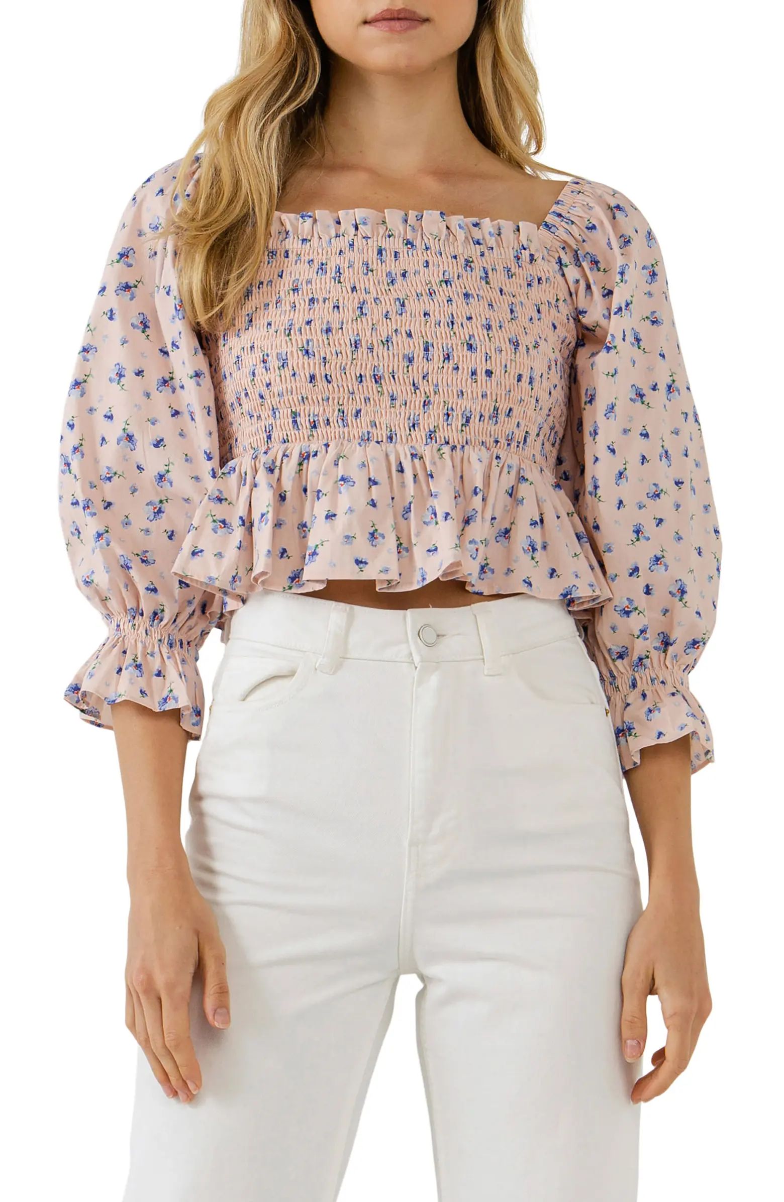 English Factory Floral Print Smocked Ruffle Top | Nordstrom | Nordstrom