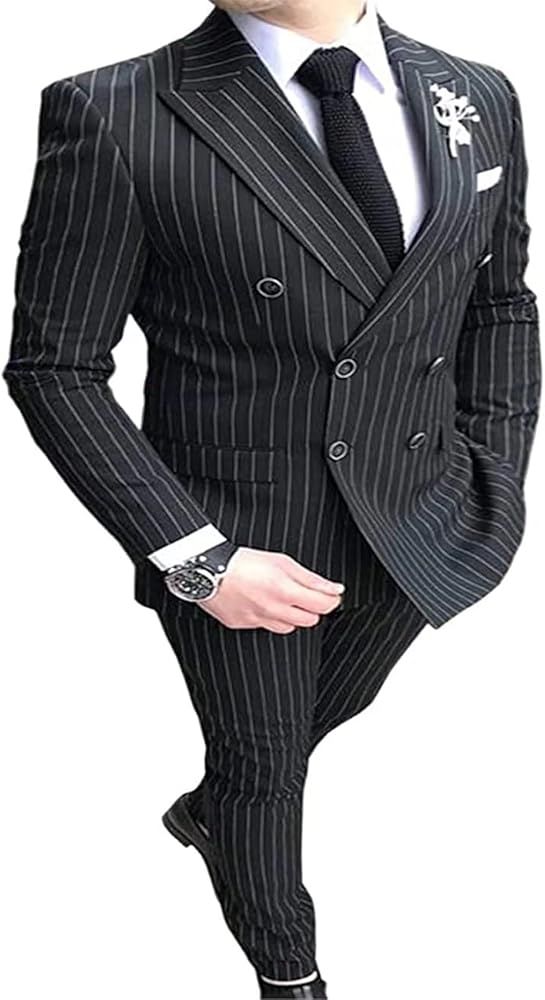 Wangyue 2 Pcs Men's Pinstripe Suit,Casual Formal Double Breasted Blazer Pants for Weddings and Bu... | Amazon (US)