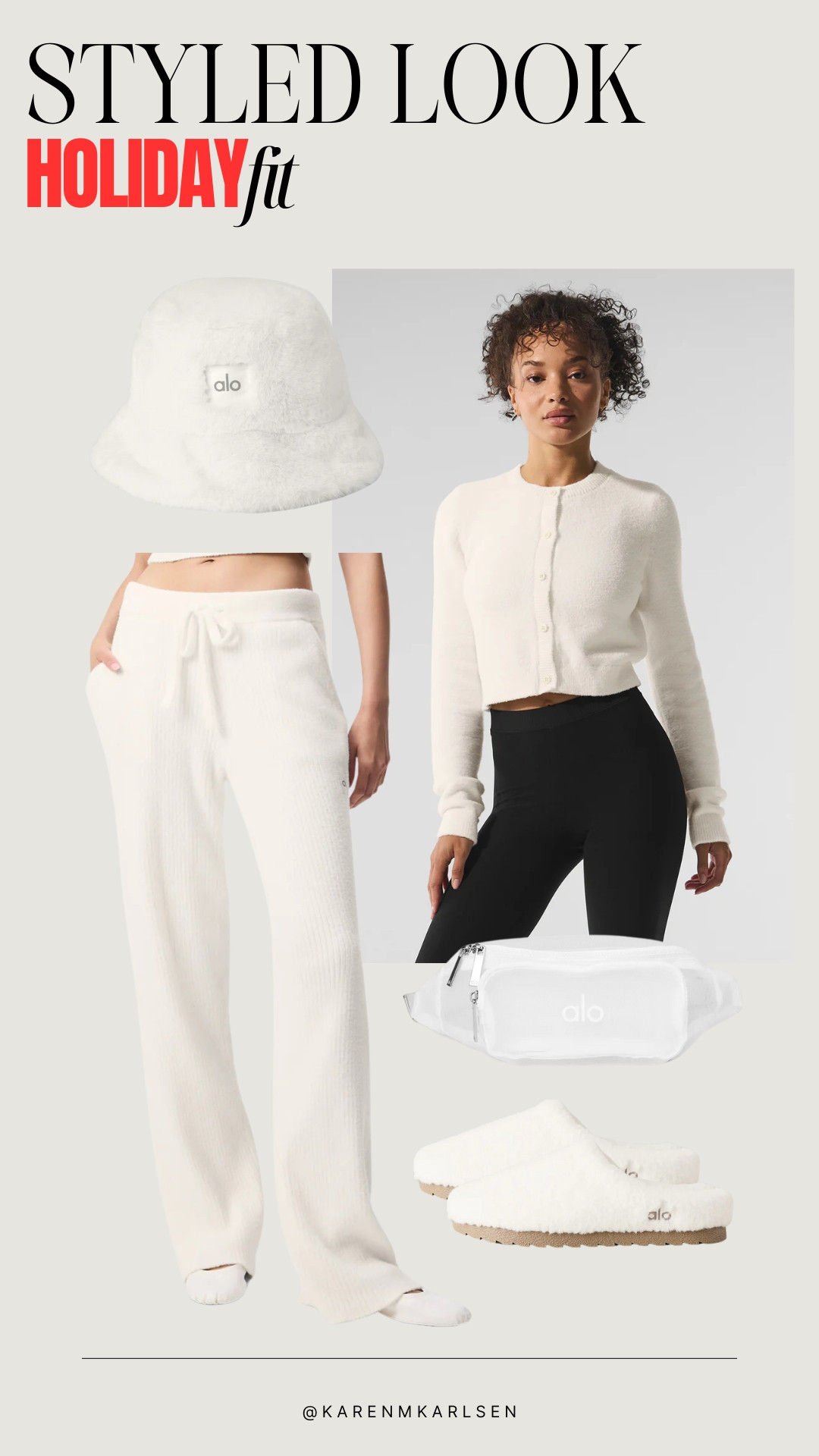 Cozy up in style this holiday season with Alo's ultra-soft knit sweats, cropped cardigan, and chic bucket hat. Perfect for lounging or a festive coffee run, pair it with the matching fluffy slides and the sleek belt bag for a look that’s effortlessly put together. 🎄✨ #AloHoliday #CozyChic 

 #LTKGiftGuide #LTKOver40 #LTKStyleTip
