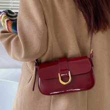 One Solid Colored Glossy Evening Clutch Bag Featuring A Chic And Unique Short And Curved Design With Horse Buckle For Womens Shoulder And Crossbody We | SHEIN