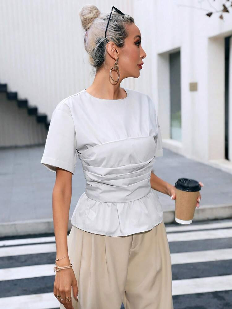 Solid Ruched Ruffle Hem Blouse | SHEIN