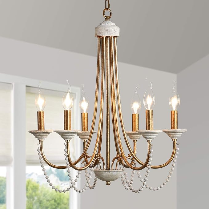 Gold Brass Chandelier, 6-Light French Country White Wood Beaded Farmhouse Dining Room Light Fixtu... | Amazon (US)