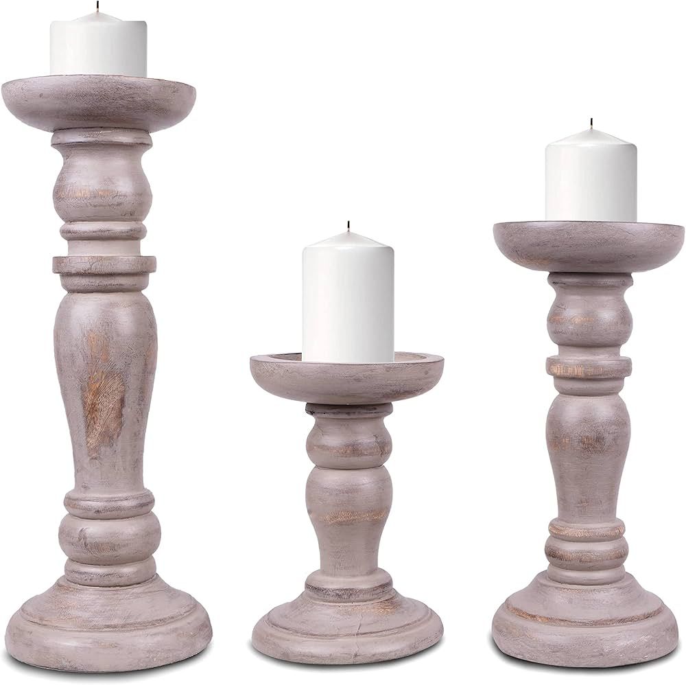 Mela Artisans Shabby French Hand Carved Wooden Pillar Candle Holders - Set of 3 | Aisha Decorativ... | Amazon (US)