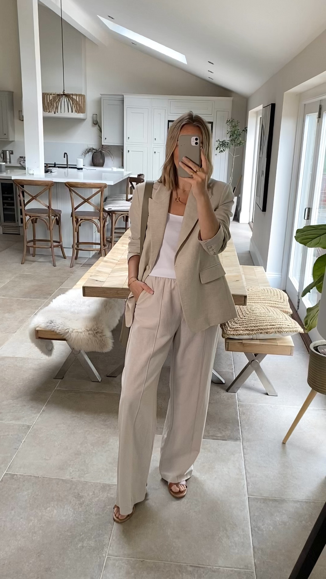 Blazer works perfectly with those linen trousers  we’re loving . 
Blazer is a linen cotton , micro houndstooth. 
I’m wearing the large in the blazer , medium in the trousers and U.K. 12 in the white top. 

#LTKSummerSale #LTKsummer #LTKuk