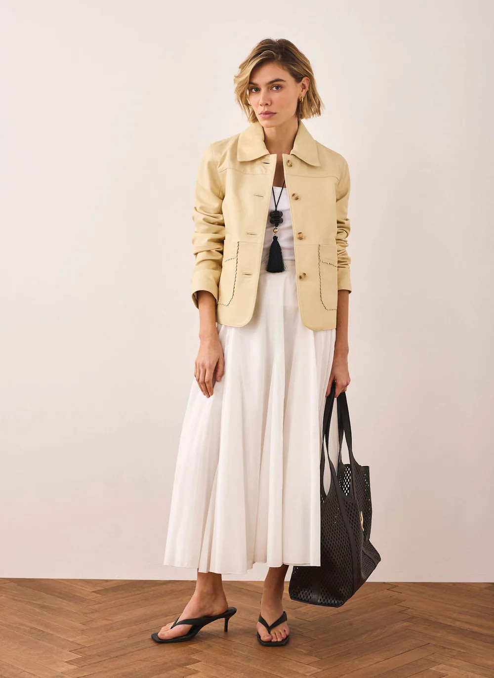 Butter Yellow Leather Scallop Detail Jacket | Mint Velvet