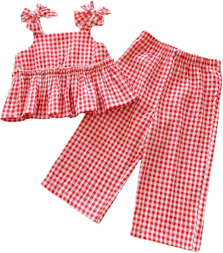 SHENHE Toddler Girl's Gingham Outfit 2 Piece Cute Gingham Bow Ruffle Peplum Top and Pants Birthda... | Amazon (US)