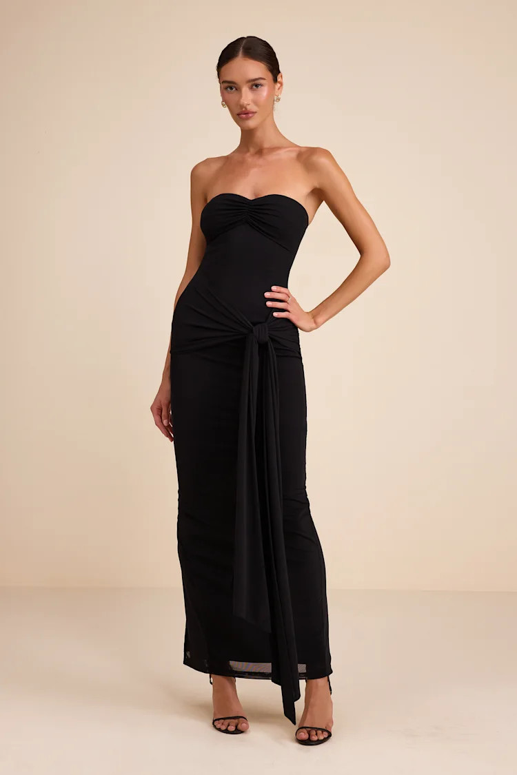 Kaisla Black Knotted Strapless Mermaid Maxi Dress | Lulus