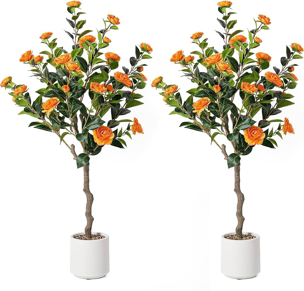 Artificial Camellia Tree 4ft, 2pack Indoor Fake Plant with Realistic Trunk, Leaves, Flowers and W... | Amazon (US)