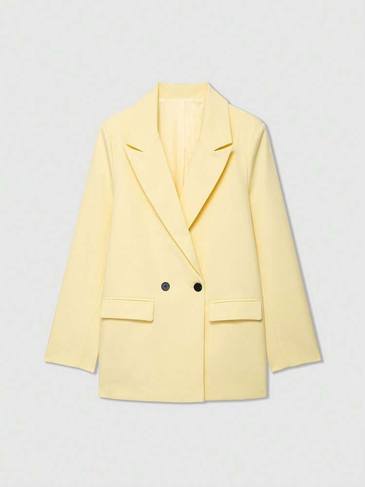 Old Money Women's Cream Double-Breasted Lapel Casual Blazer, Solid Color Long Sleeve, Minimalist & Fashionable, Suitable For Spring/Autumn/Winter | SHEIN