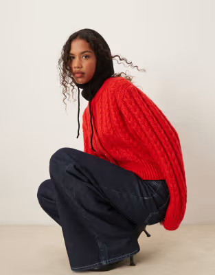 ASOS DESIGN chunky crew neck cardigan in cable stitch in red | ASOS (Global)