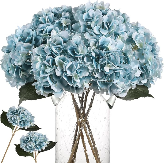 Kisflower Blue Hydrangea Artificial Flowers 6pcs Faux Hydrangea Flowers, Fake Flowers for Table C... | Amazon (US)