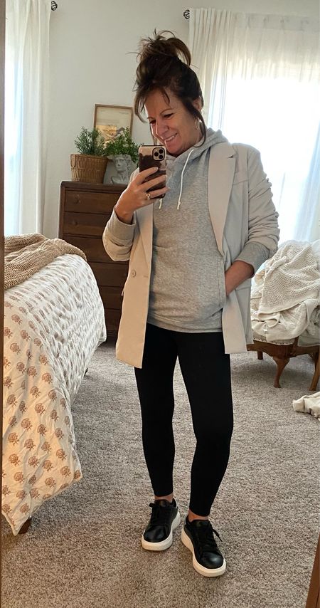 Comfy casual hoodie paired with a stone colored blazer and leggings. Black platform sneakers 

#LTKshoecrush #LTKunder50 #LTKstyletip