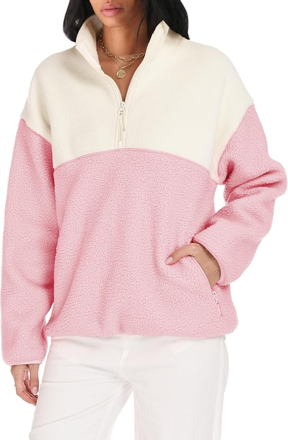 Womens Colorblock Fleece Jacket Half Zip Mockneck Sherpa Pullover Hiking Outdoor Sweatshirts with... | Amazon (US)