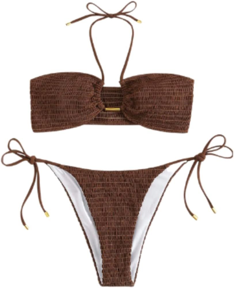 SheIn Women's Smocked Bikini Bandeau Bathing Suits with Tie Side 2 Piece Swimsuits | Amazon (US)