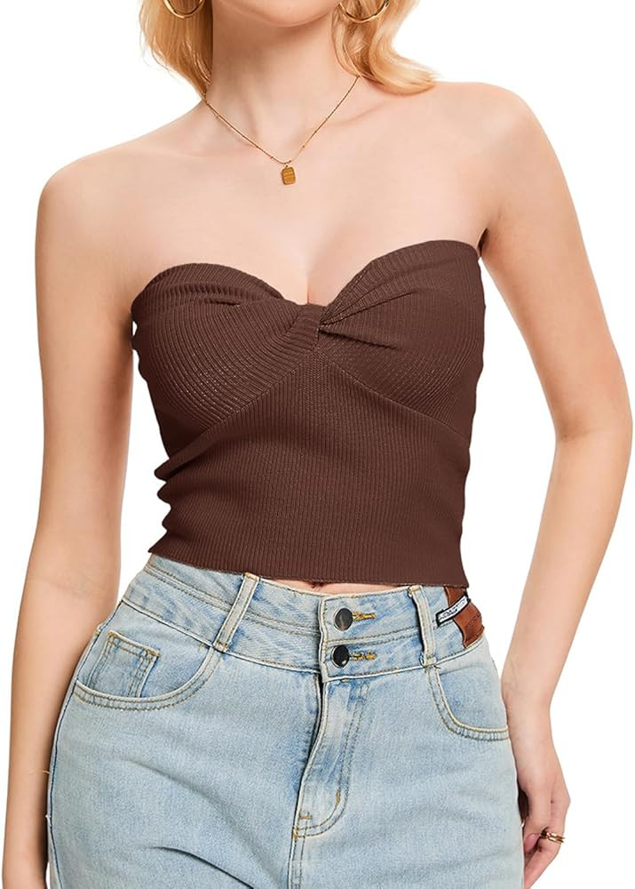 Womens Tube Tops Twist Knot Summer Strapless Y2K Crop Top Ribbed Knit Vacation Outfits | Amazon (US)