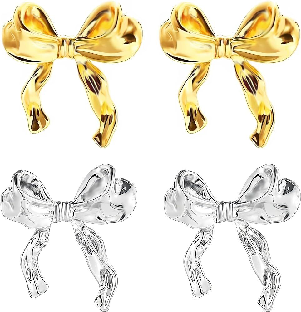 2pcs Bow Earrings for Women Girls Flower Ribbon Bow Stud Earrings Gift | Amazon (US)