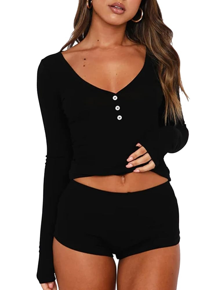 Cioatin Women 2 Piece Ribbed Knit Pajama Set Long Sleeve Button Crop Top and Shorts Lounge Sweats... | Amazon (US)