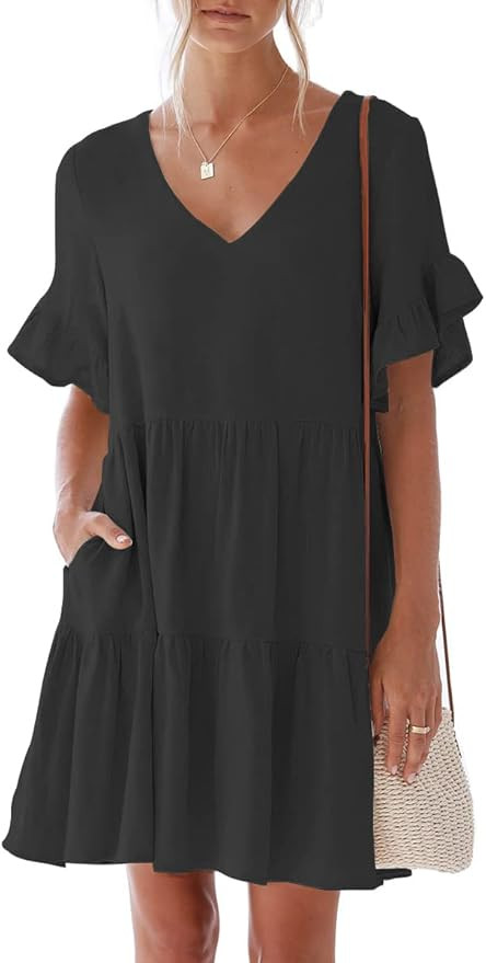 nclook Women's Summer Casual Dress Sweet & Cute V-Neck Mini Dress with Pocket Short Sleevele Ruff... | Amazon (US)