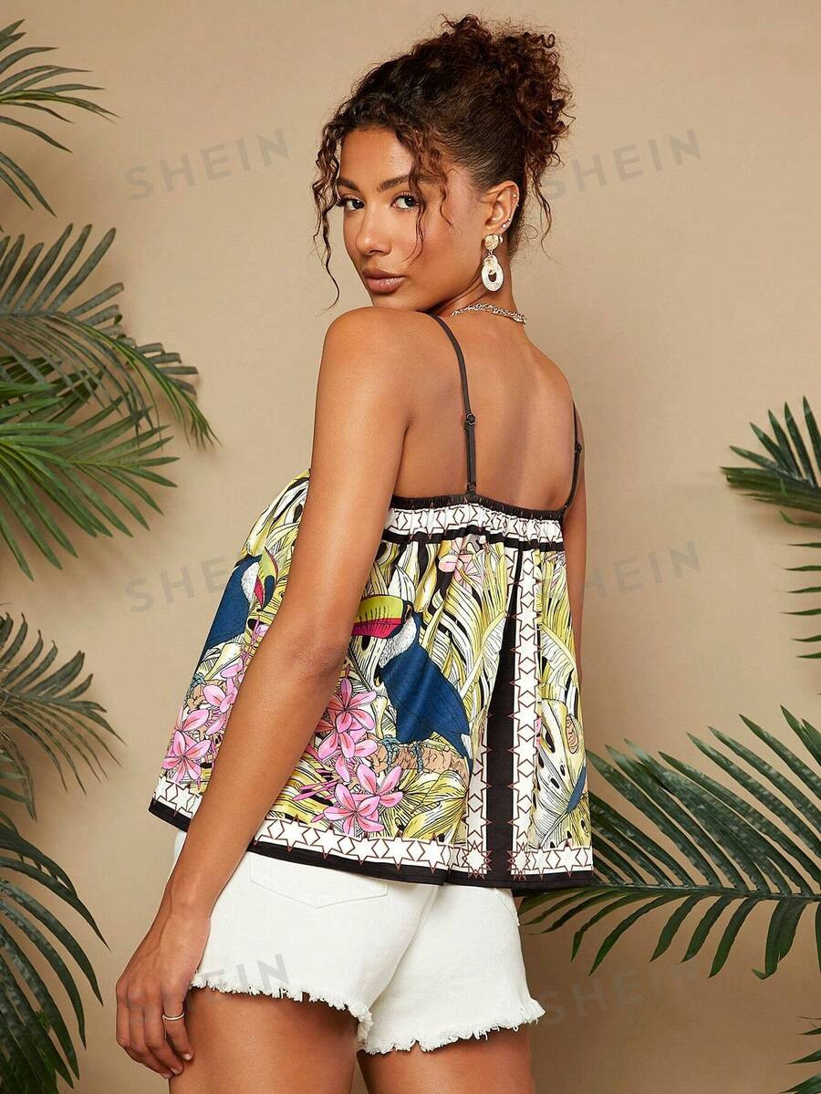 SHEIN TRVLCHIC Women's Fashionable Vacation Parrot & Tropical Plant Printed Camisole Top | SHEIN