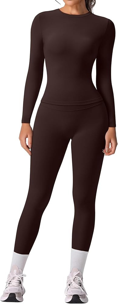 RXRXCOCO Slim Fit Workout Sets for Women 2 Piece Hidden Scrunch Leggings Long Sleeve Yoga Tops Ma... | Amazon (US)
