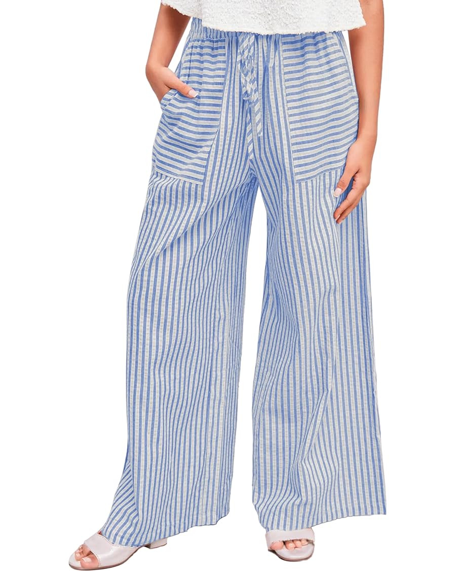 Striped Wide Leg Pants Women Drawstring Elastic Waistband Pant Lounge Palazzo Trousers Beach Vaca... | Amazon (US)