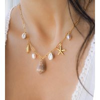 Gold Ocean Shell Pearl Charm Necklace, Real Cowrie Cone Shells, Starfish Sea Star Pendants, Handmade Coastal Jewelry | Etsy (US)