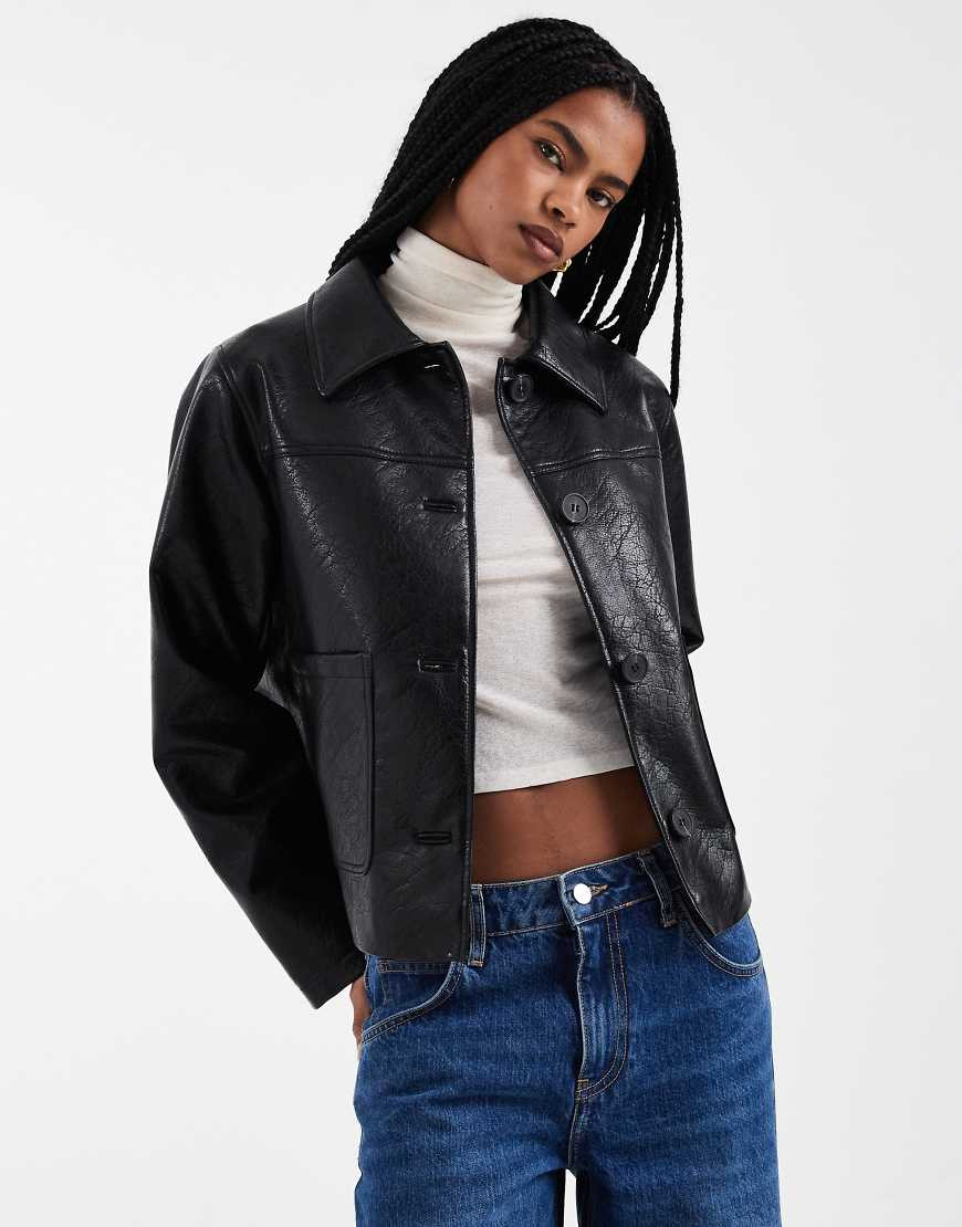 ASOS DESIGN leather look harrington jacket in black | ASOS (Global)