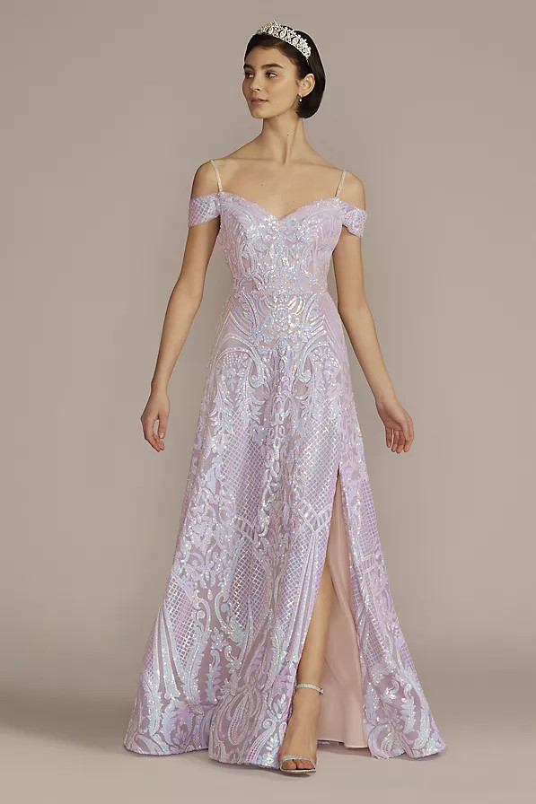 Off-the-Shoulder Patterned A-Line with Slit | Davids Bridal