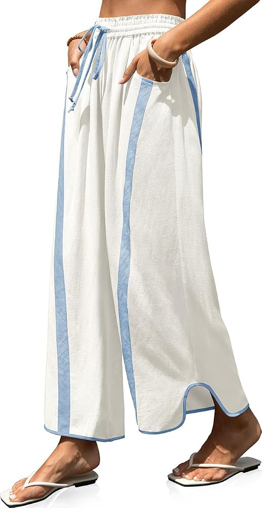 TARSE Womens Linen Wide Leg Pants Baggy Casual Drawstring Elastic Waisted Contrast Color Loose Y2... | Amazon (US)