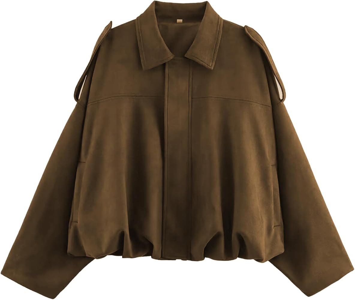 Womens Faux Suede Bomber Jacket Casual Lightweight Batwing Long Sleeve Oversized Coat Streetwear ... | Amazon (US)