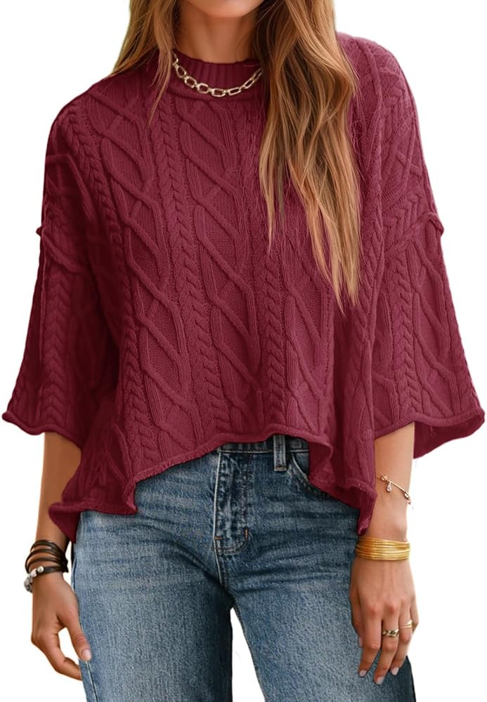 Saodimallsu Womens Cable Knit Cropped Sweaters Oversize 3/4 Sleeve Pullover | Amazon (US)