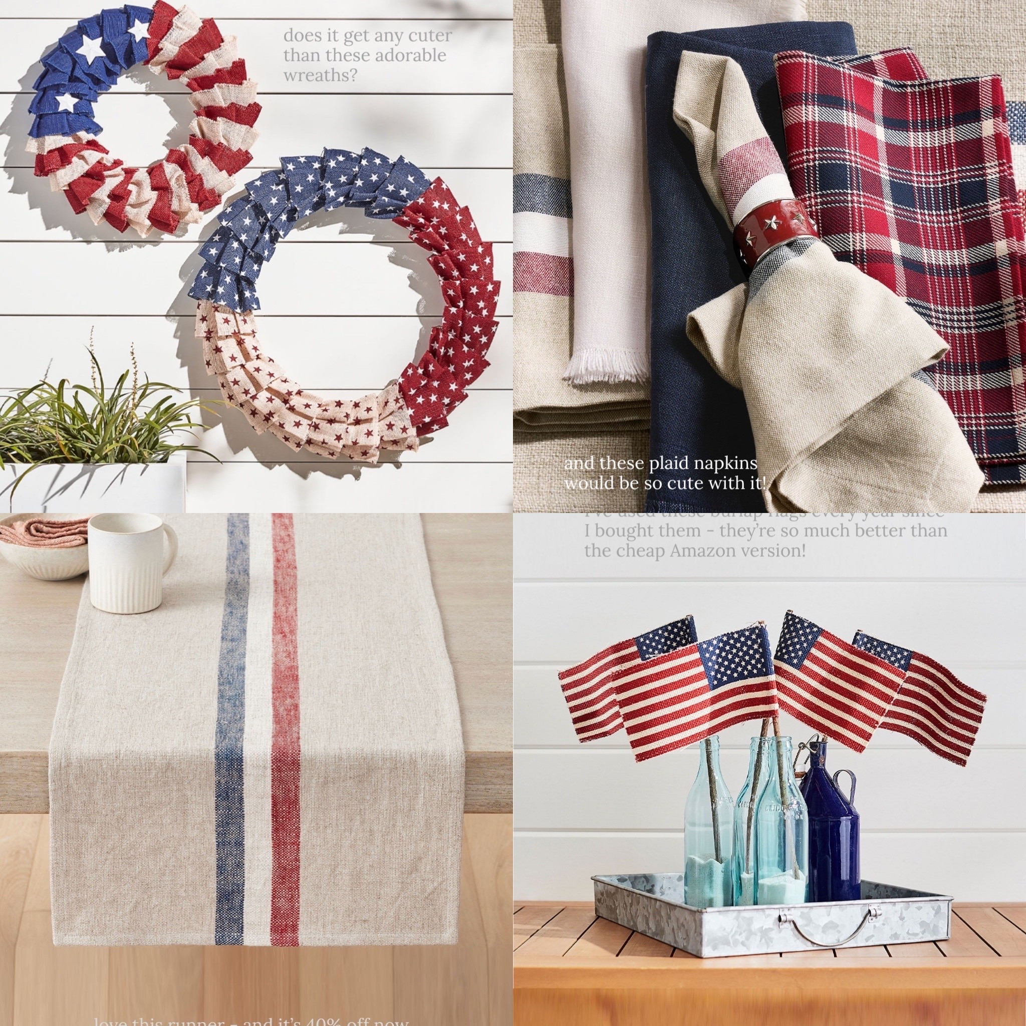 The cutest patriotic decor! Pottery Barn always does the best!

Home decor, Fourth of July, summer entertaining, tabletop, table runner, napkins

#LTKSeasonal #LTKHome #LTKSaleAlert