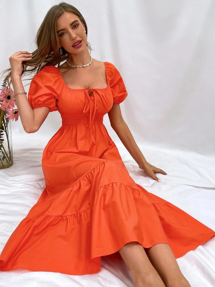 SHEIN VCAY Puff Sleeve Tie Front Shirred Waist Ruffle Hem Dress | SHEIN