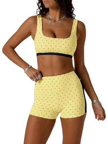 SOLY HUX Polka Dots Workout Sets for Women 2 Piece Yoga Outfits Sports Bra High Waist Biker Shorts Activewear Tracksuit Yellow Polka Dots X-Large | Amazon (US)