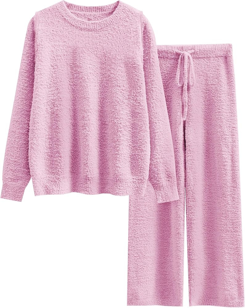 ANRABESS Women's Fuzzy Fleece Pajama Sets 2 Piece Outfits Long Sleeve Top Wide Leg Pants Lounge M... | Amazon (US)