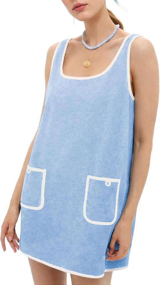 Women's Suede Mini Dress Sleeveless Beach Tank Dress with Pockets Contrast Trim Casual Cover Up S... | Amazon (US)