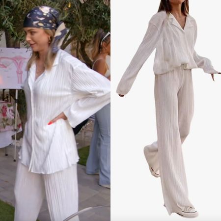 Lala Kent’s White Pleated Button Down and Pants Set 