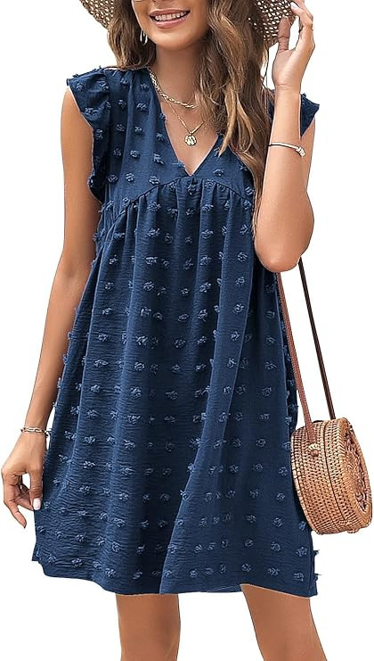 CHICZONE Womens Cute Summer Mini Baby Doll Dress V Neck Ruffle Sleeve Casual Short Dress | Amazon (US)