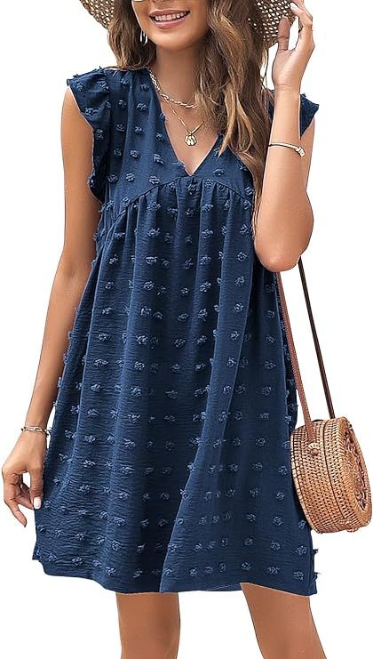 CHICZONE Womens Cute Summer Mini Baby Doll Dress V Neck Ruffle Sleeve Casual Short Dress | Amazon (US)