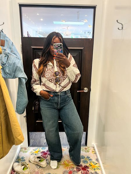 Cute embroidered button down shirt and a baggy jean option for millennials! Wearing a size 10 in the top and a size 30 in the jeans (runs TTS, very comfortable!)

#LTKmidsize #LTKstyletip #LTKSeasonal