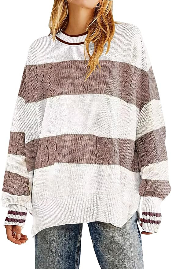 Women's Oversized Crewneck Sweaters Batwing Long Sleeve Side Slit Ribbed Knit Pullover Sweater To... | Amazon (US)