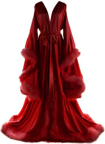 Daily Life Mall Women's Bridal Robe with Fur Old Hollywood Feather Maternity robe for Photoshoot Nightgown Silk Bathrobe Long Lingerie Boudoir | Amazon (US)
