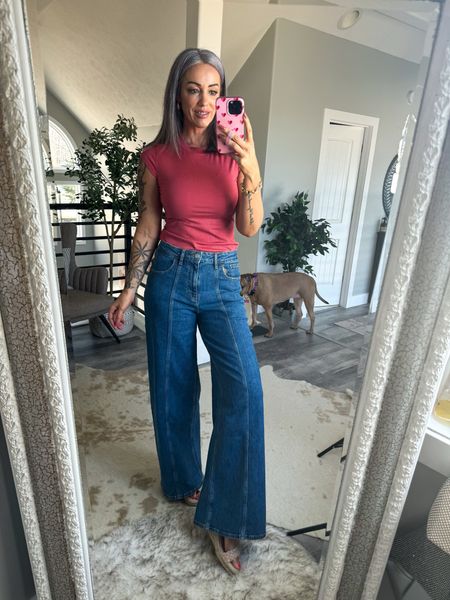 Relaxed wide legs jeans win! There is some stretch in these which I love so they fit comfortably over my hips and also in the waist. Im 5’8, 150 lbs, Wearing size 29 (8).

#LTKstyletip #LTKover40