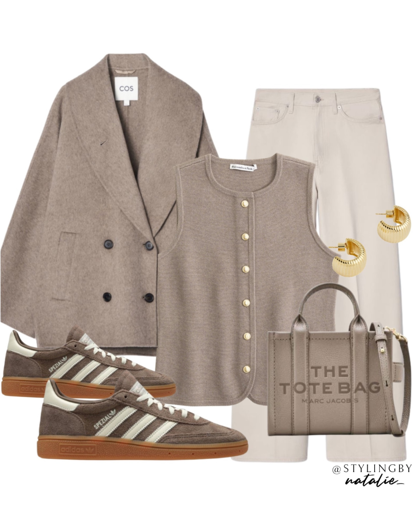 Wool pea coat, knit button vest top, beige wide leg jeans, Adidas  Spezials, Marc Jacobs tote bag, chunky gold earrings.
Autumn outfit, casual outfit, knitwear, brown outfit.

#LTKautumn #LTKeurope #LTKstyletip