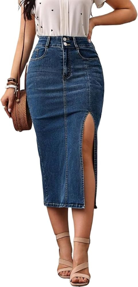 Womens Casual Slit Denim Midi Jean Skirt Stretch High Waist Frayed Button Up with Pockets | Amazon (US)